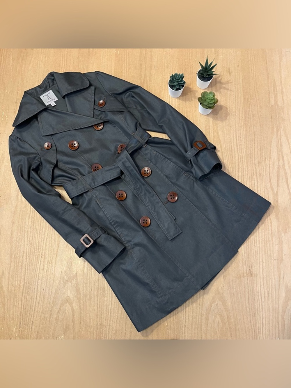 Tristan Classic Double Breasted Trench Coat in Dark Denim with Wood Buttons